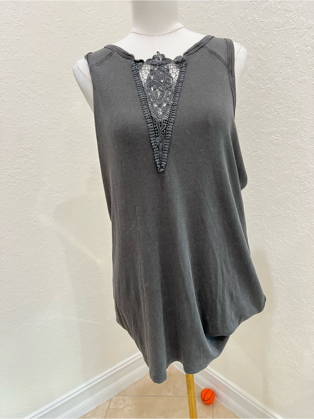 torrid Charcoal Gray Sleeveless Tank with Crochet Lace V-Insert